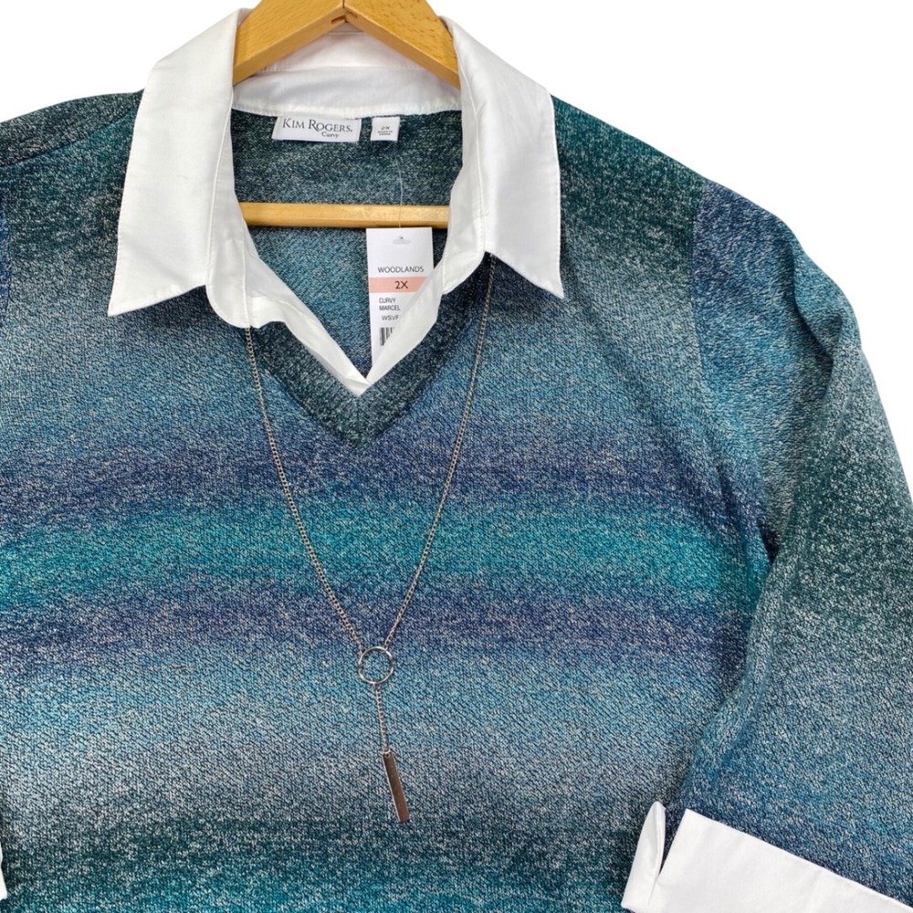 Kim Rogers Curvy Marcel Sweater Womens 2X Blue Green Ombre Layered Look NWT